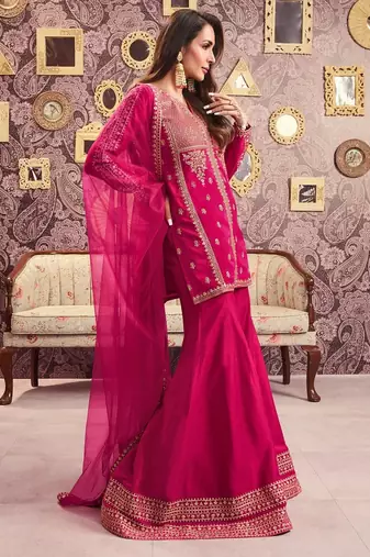 Pink chanderi silk sequin kurta palazzo set with embroidered net dupatta
