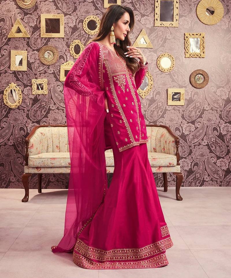 Pink chanderi silk sequin kurta palazzo set with embroidered net dupatta