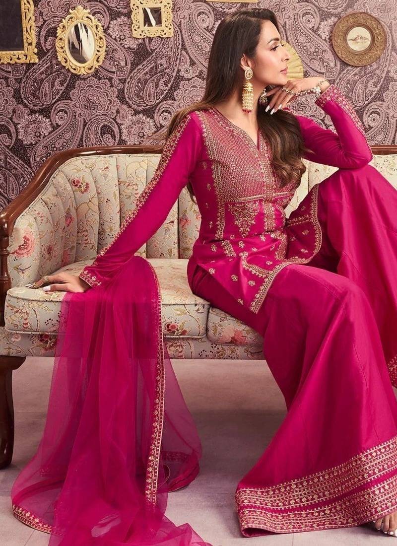 Pink chanderi silk sequin kurta palazzo set with embroidered net dupatta