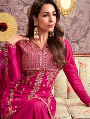 Pink chanderi silk sequin kurta palazzo set with embroidered net dupatta 4