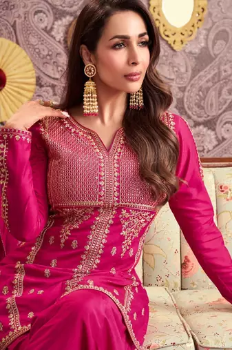 Pink chanderi silk sequin kurta palazzo set with embroidered net dupatta