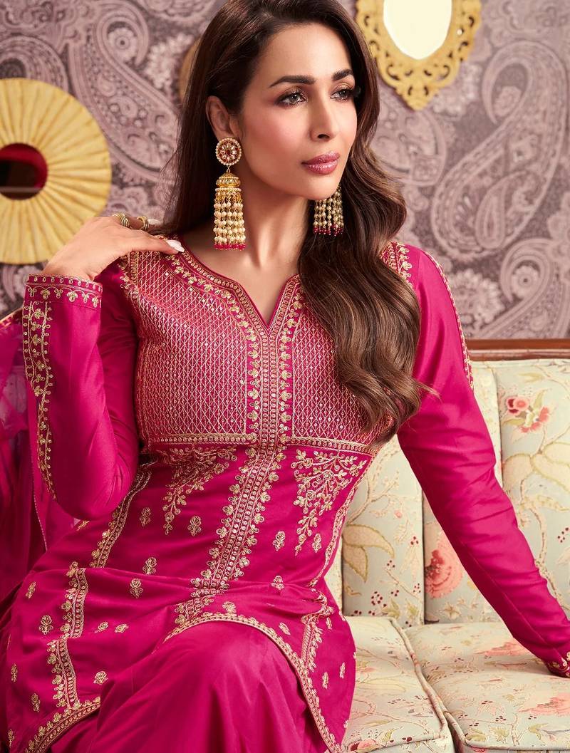 Pink chanderi silk sequin kurta palazzo set with embroidered net dupatta