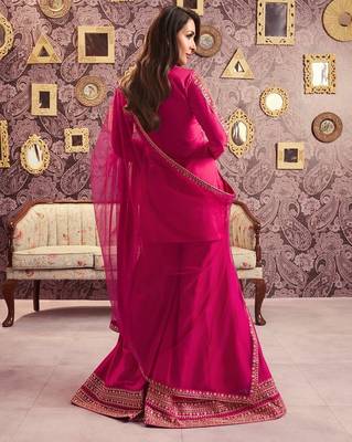 Pink chanderi silk sequin kurta palazzo set with embroidered net dupatta 5
