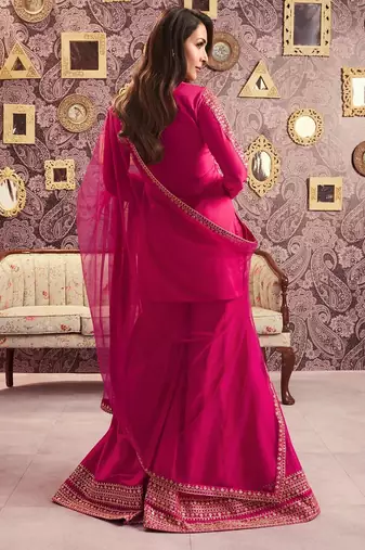Pink chanderi silk sequin kurta palazzo set with embroidered net dupatta