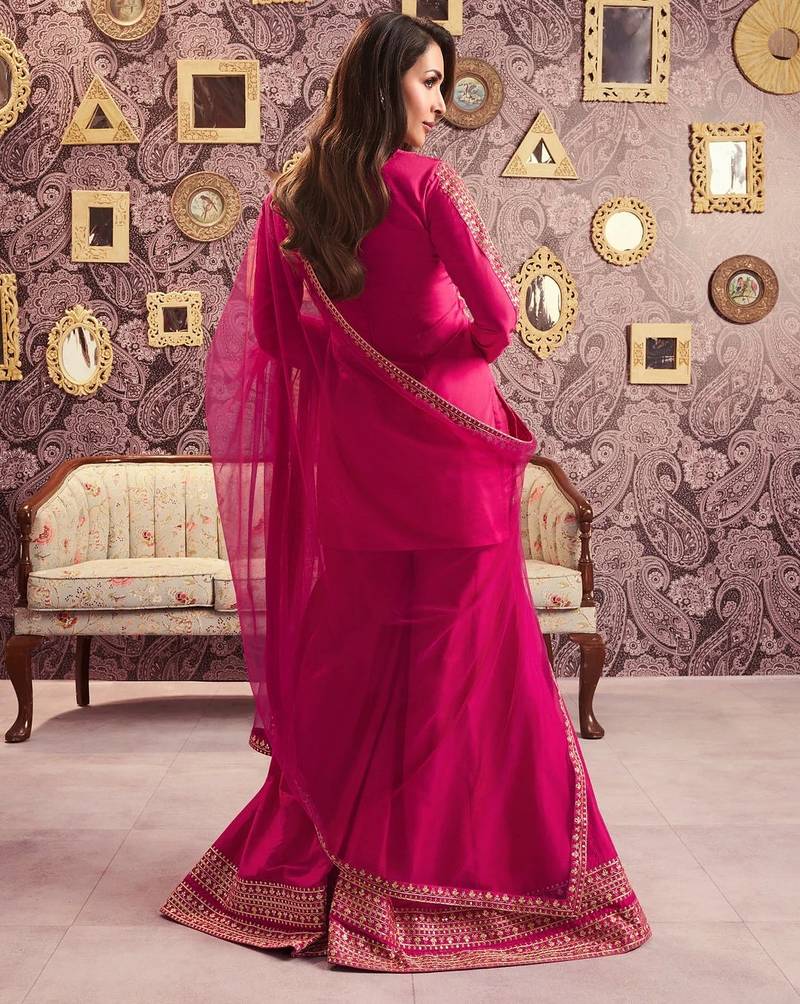 Pink chanderi silk sequin kurta palazzo set with embroidered net dupatta