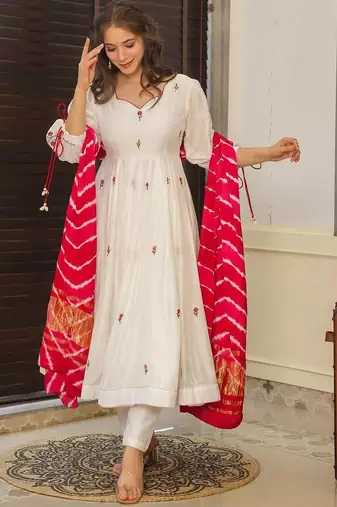 White chanderi silk sequin v-neck kurta pant set with embroidered silk dupatta