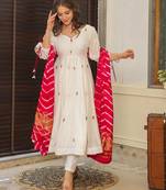 White chanderi silk sequin v-neck kurta pant set with embroidered silk dupatta