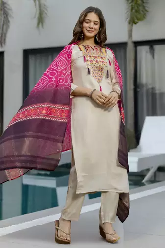 White viscose silk sequin v-neck kurta pant set with embroidered silk dupatta