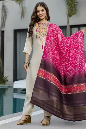 White viscose silk sequin v-neck kurta pant set with embroidered silk dupatta