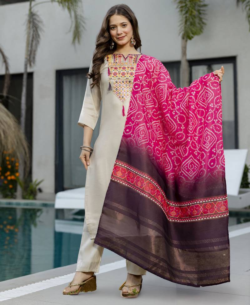 White viscose silk sequin v-neck kurta pant set with embroidered silk dupatta