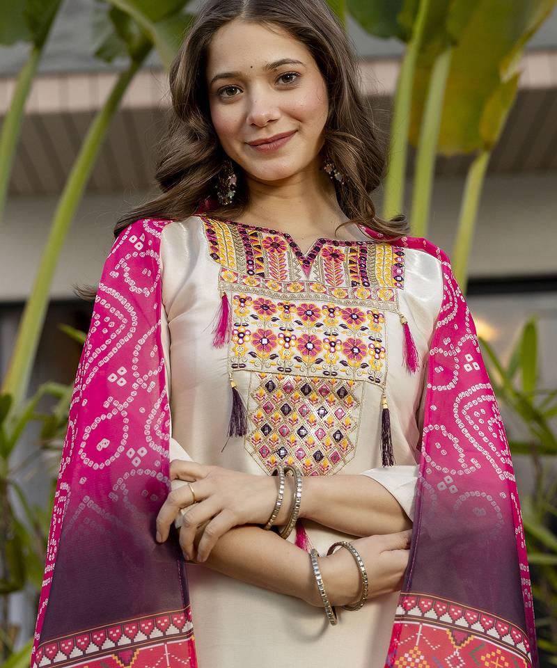 White viscose silk sequin v-neck kurta pant set with embroidered silk dupatta