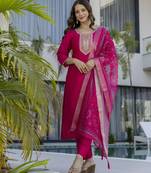 Pink chanderi silk sequin round neck kurta pant set with jacquard organza dupatta