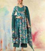 Green cotton silk printed v-neck kurta pant set with matching printed dupatta