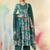 Green cotton silk printed v-neck kurta pant set with matching printed dupatta