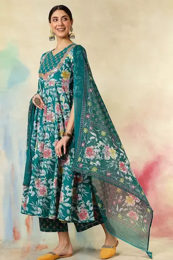 Green cotton silk printed v-neck kurta pant set with matching printed dupatta