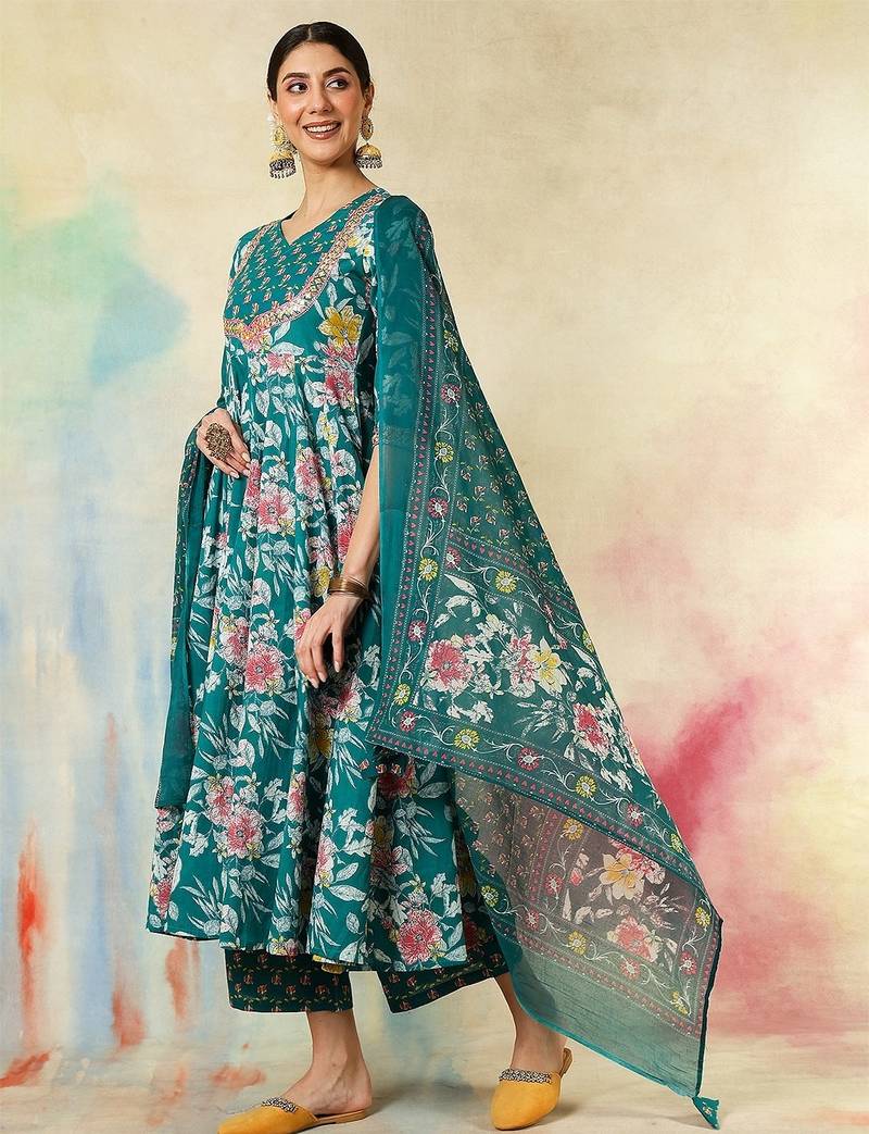 Green cotton silk printed v-neck kurta pant set with matching printed dupatta