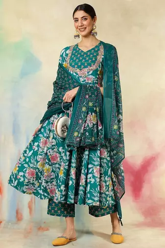 Green cotton silk printed v-neck kurta pant set with matching printed dupatta