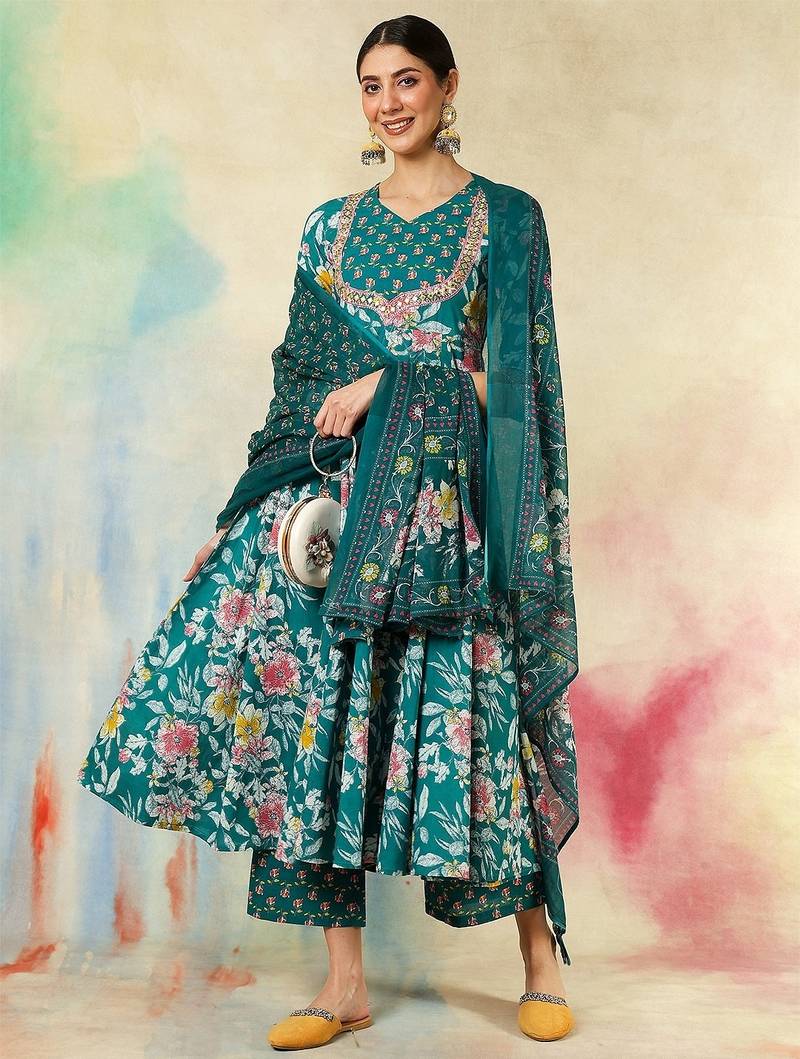 Green cotton silk printed v-neck kurta pant set with matching printed dupatta