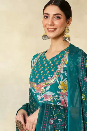 Green cotton silk printed v-neck kurta pant set with matching printed dupatta
