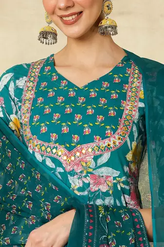 Green cotton silk printed v-neck kurta pant set with matching printed dupatta