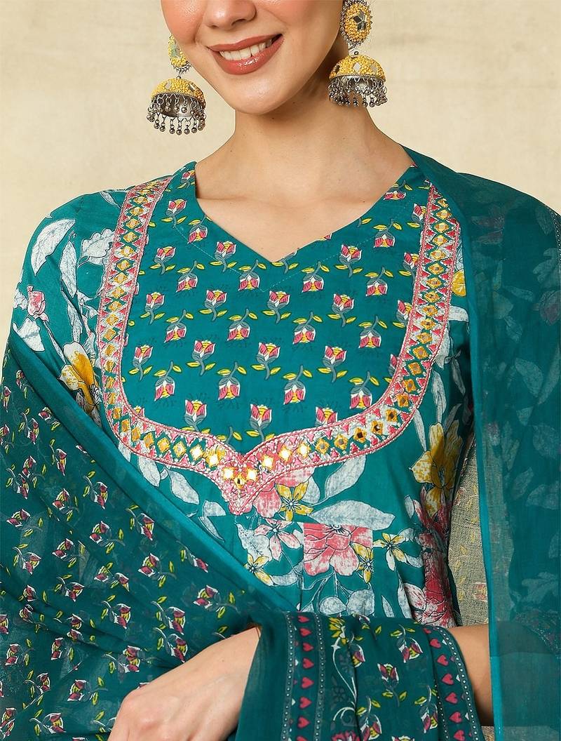 Green cotton silk printed v-neck kurta pant set with matching printed dupatta
