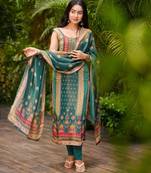 Olive silk floral printed round neck kurta pant set with matching silk dupatta