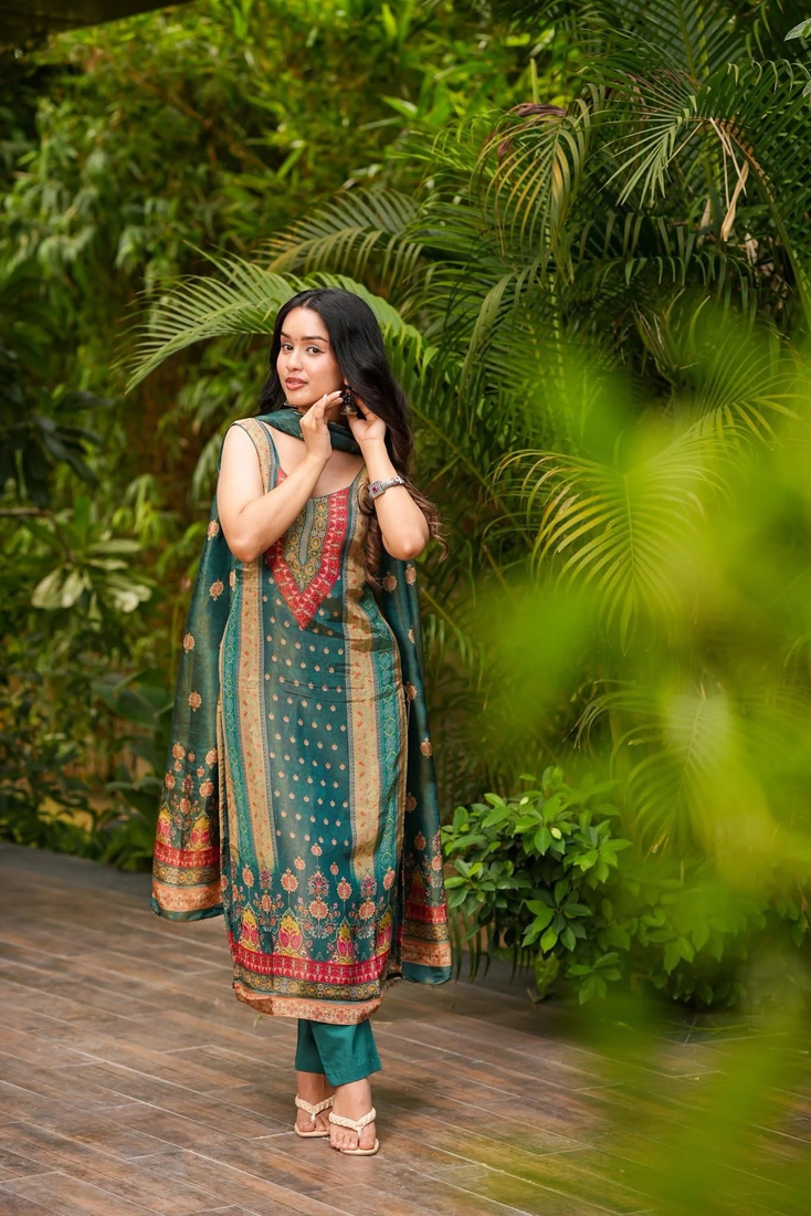 Olive silk floral printed round neck kurta pant set with matching silk dupatta