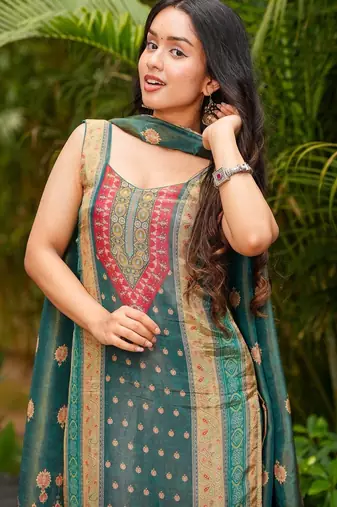Olive silk floral printed round neck kurta pant set with matching silk dupatta