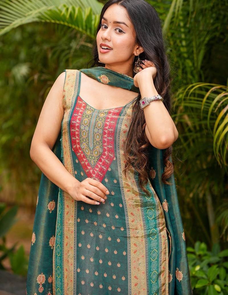 Olive silk floral printed round neck kurta pant set with matching silk dupatta