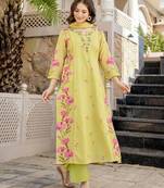 Yellow chanderi silk floral printed v-neck kurta pant set with printed dupatta