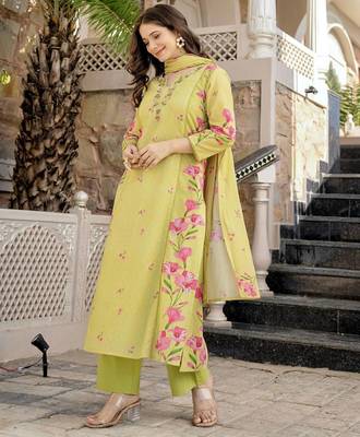 Yellow chanderi silk floral printed v-neck kurta pant set with printed dupatta 4