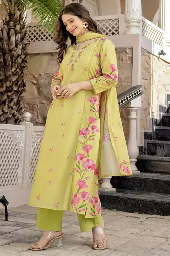 Yellow chanderi silk floral printed v-neck kurta pant set with printed dupatta