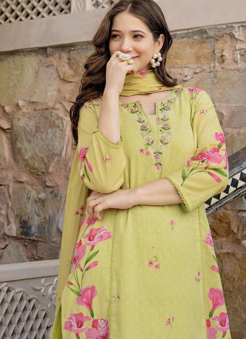 Yellow chanderi silk floral printed v-neck kurta pant set with printed dupatta