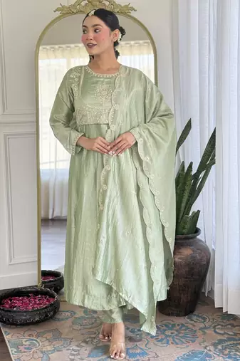 Pista green vichitra silk embroidered round neck kurta pant set with matching dupatta
