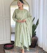 Pista green vichitra silk embroidered round neck kurta pant set with matching dupatta
