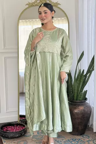 Pista green vichitra silk embroidered round neck kurta pant set with matching dupatta