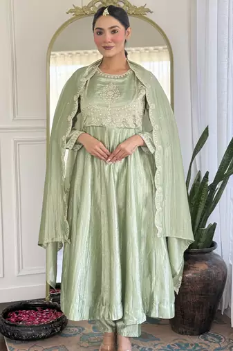 Pista green vichitra silk embroidered round neck kurta pant set with matching dupatta