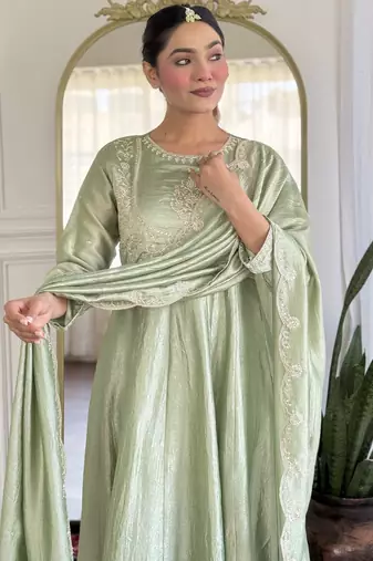 Pista green vichitra silk embroidered round neck kurta pant set with matching dupatta