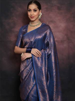 blue silk blend banarasi saree with unstitched blouse piece 6