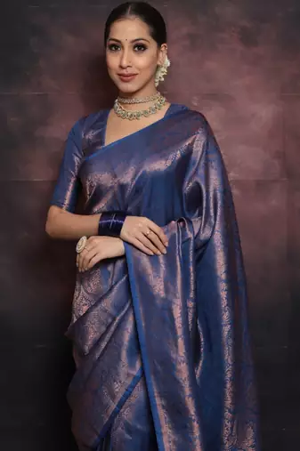 blue soft art silk banarasi jacuard work designer party wear saree with unstitched blouse piece