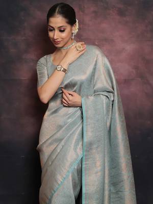 sky blue silk blend banarasi saree with unstitched blouse piece 6