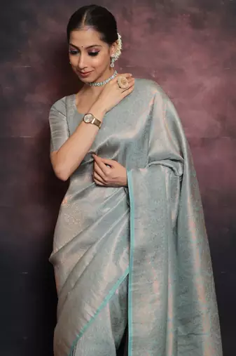 sky blue silk blend banarasi saree with unstitched blouse piece