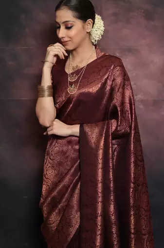 maroon soft art silk banarasi jacuard work designer party wear saree with unstitched blouse piece