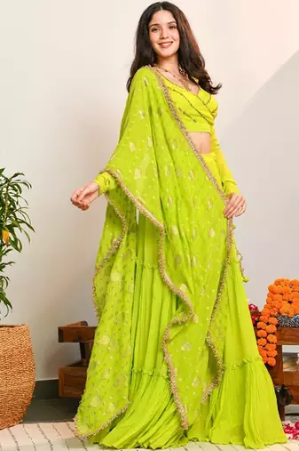 Ready To Wear Lehenga & Embroidered Blouse With Dupatta Free Size Upto 42