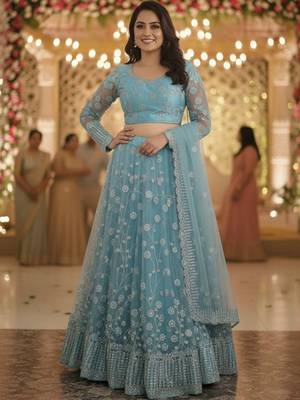 Women Embroidered Sequinned Ready To Wear Lehenga & Blouse With Dupatta Free Size Upto 42 1