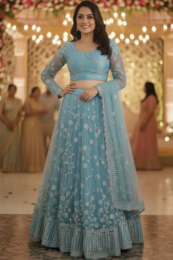 Women Embroidered Sequinned Ready To Wear Lehenga & Blouse With Dupatta Free Size Upto 42