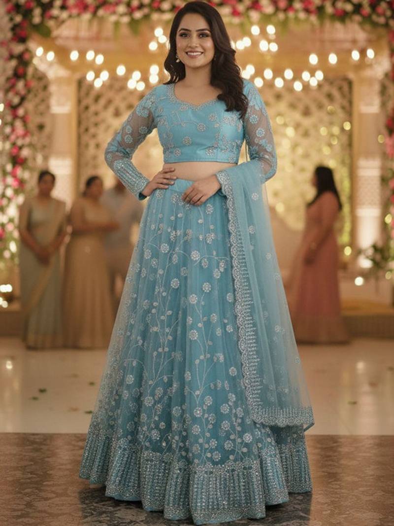 Women Embroidered Sequinned Ready To Wear Lehenga & Blouse With Dupatta Free Size Upto 42