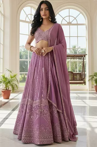 Embroidered Sequinned Semi-Stitched Lehenga & Unstitched Blouse With Dupatta Free Size Upto 42