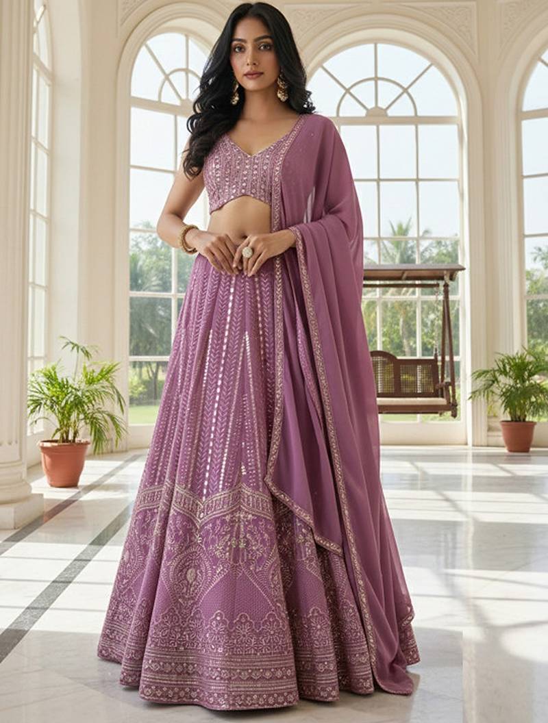 Embroidered Sequinned Semi-Stitched Lehenga & Unstitched Blouse With Dupatta Free Size Upto 42