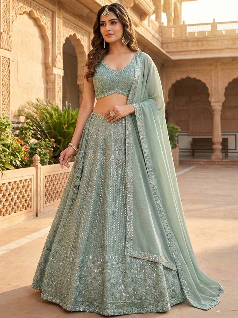 Embellished Sequinned Semi-Stitched Lehenga & Unstitched Blouse With Dupatta Free Size Upto 42